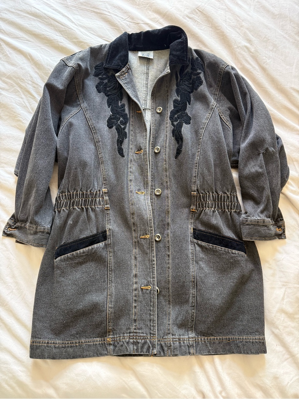 Vintage Womens longline Embroidered Denim Coat